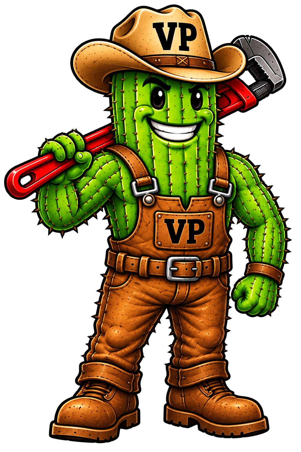 Valley Plumbing’s smiling green cactus character in brown overalls, VP cowboy hat and boots, carrying a red pipe wrench